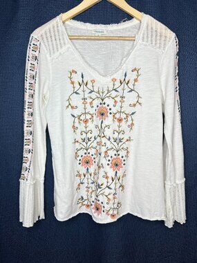 Sundance Embroidered V-neck Raw Hem Cream Top, Medium Boho Hippie Indie Soft